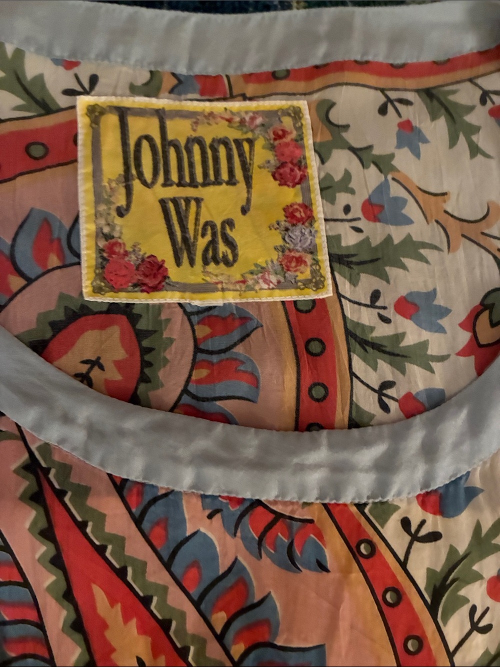 Johnny Was Yellow Satin Floral Embroidered Patchwork Silk Top Large chest 40” - Picture 2 of 9